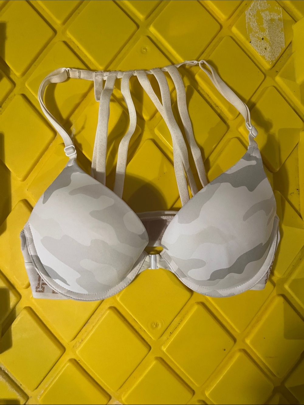 VSPINK 32C Strappy Back Padded Bra in White Camouflage